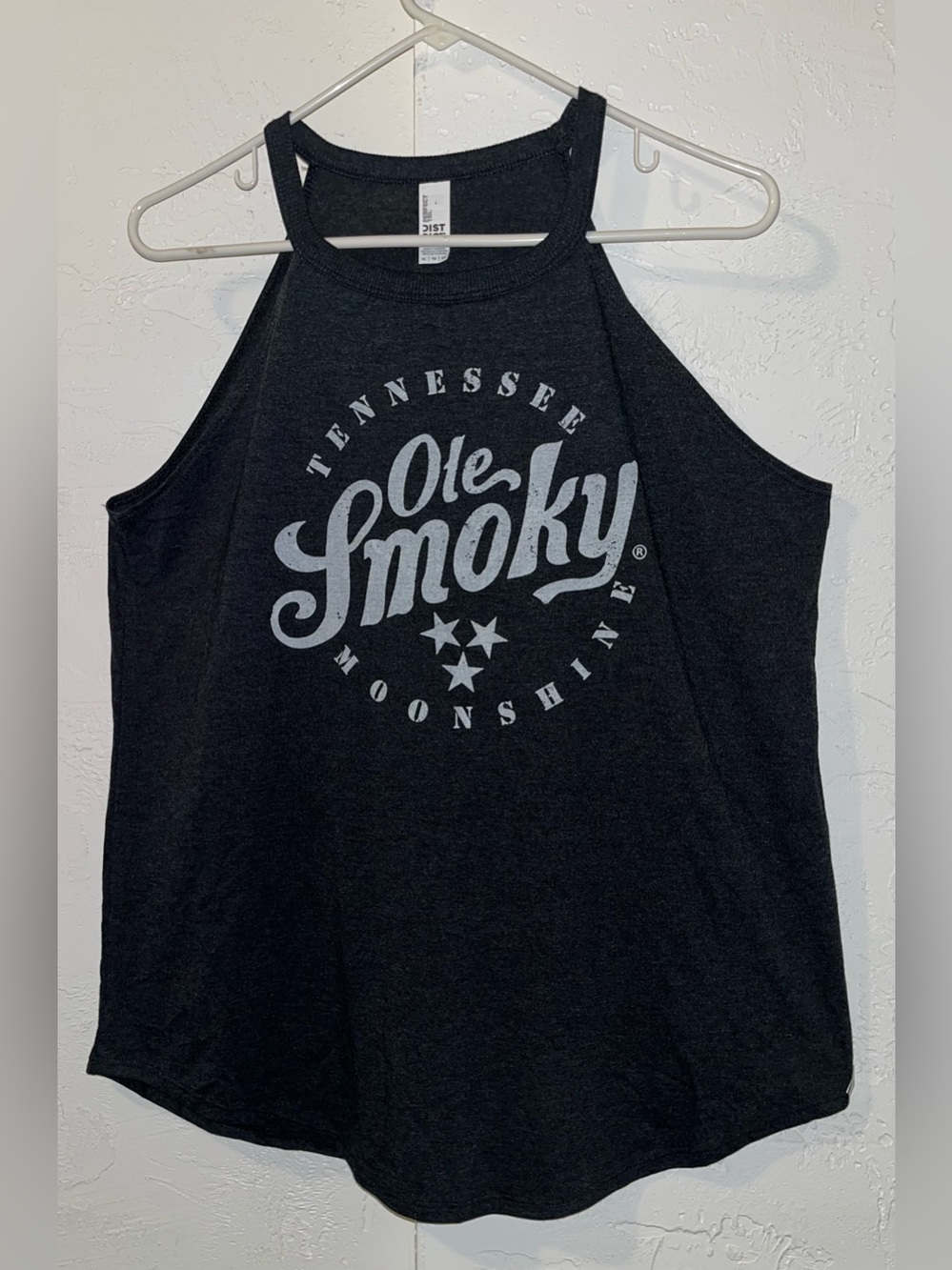 Dark Charcoal Racerback Tank Top  “Ole Smoky Tennessee Moonshine” graphic.